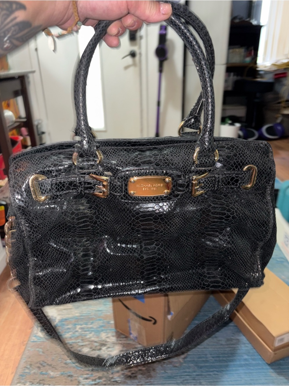 Michael Kors Black Patent Croc-Embossed Satchel with Gold Hardware